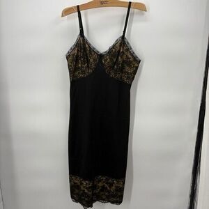 Vintage 50s Gotham Gold Stripe Black Satin Nylon Mesh Lace Midi Slip Size 36 (M)